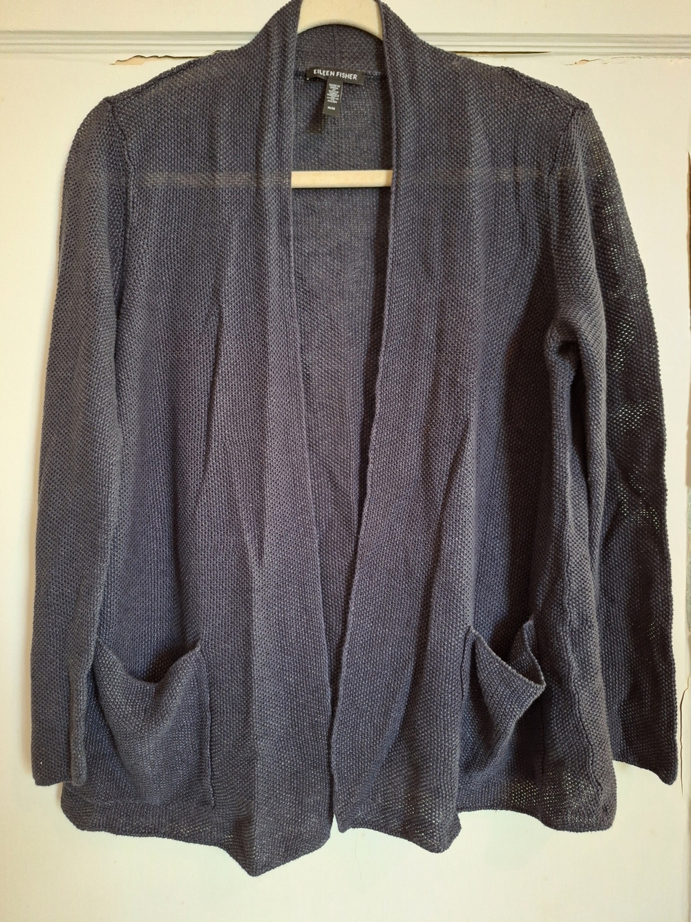 EILEEN FISHER Open-Front Knit Cardigan 100% Organic Italian Linen in Slate Sz M